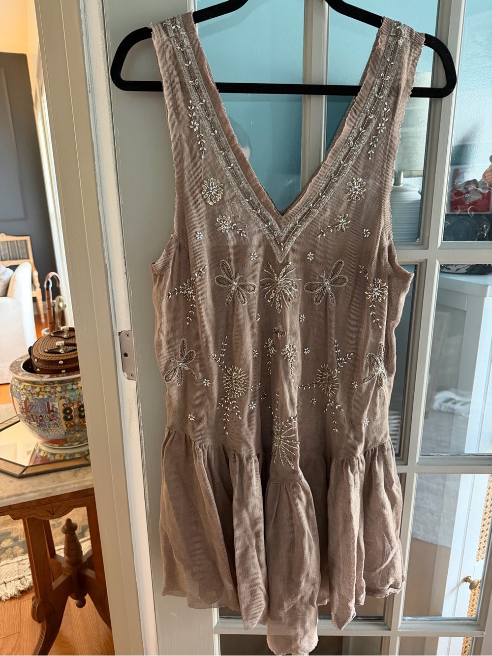 Free People Embellished V-Neck Sleeveless Dress in Taupe
